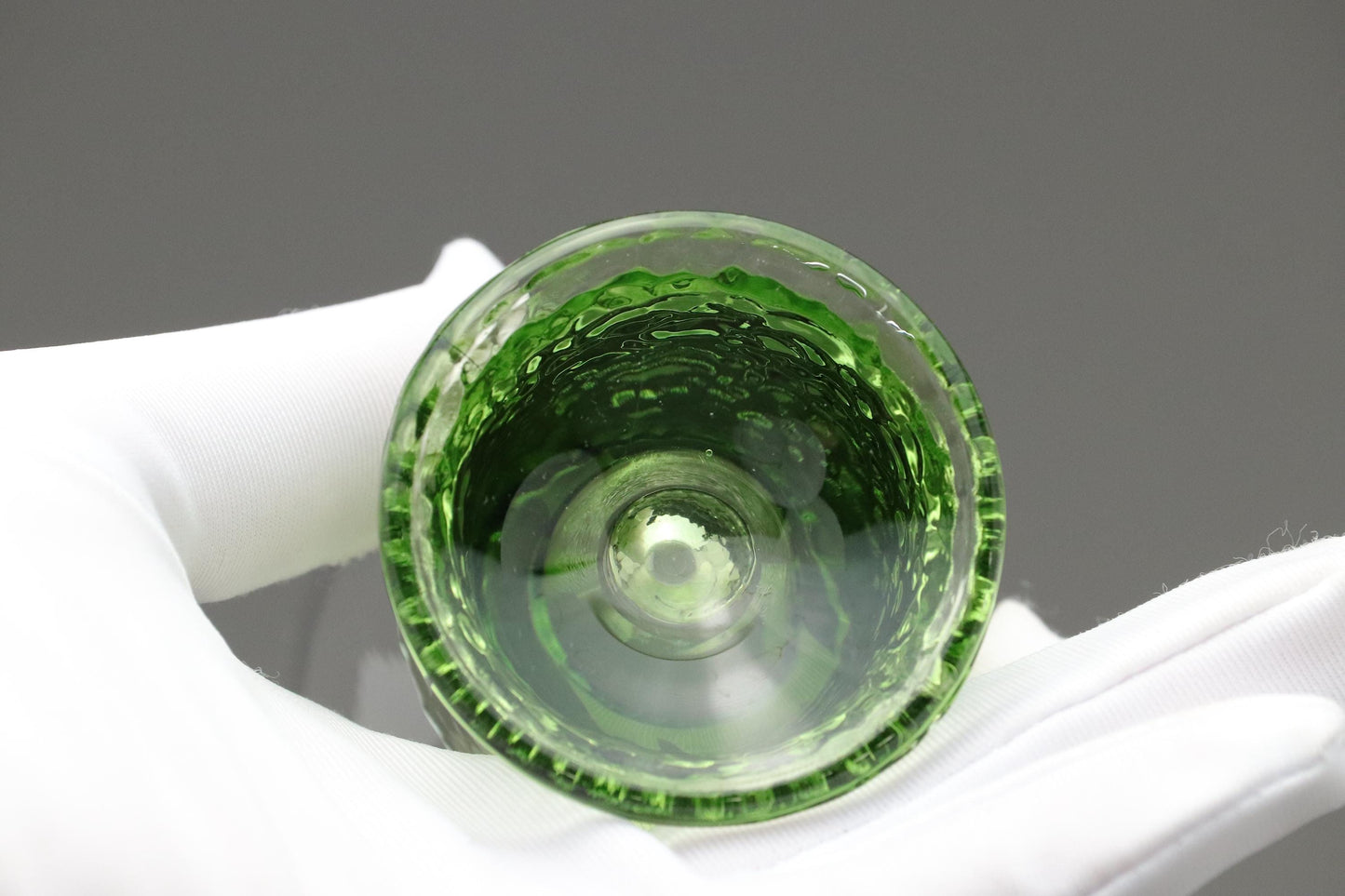 Vintage Toyo Sasaki Glass Sake Cups Set of 5 | Emerald Green Textured Japanese Drinking Glasses | Modern Barware Collectible