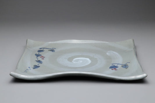 Japanese Arita Ware Square Plate with Hand-Painted Vines and Berries – Traditional Ceramic Dish with Spiral Glaze – Made in Japan Tableware