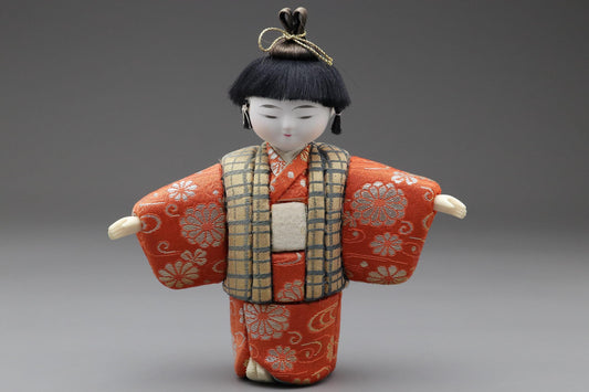 Japanese Kimekomi Boy Doll in Red Floral Kimono With Gold Check Vest – Handmade Traditional Figurine for Home Display or Cultural Art Decor